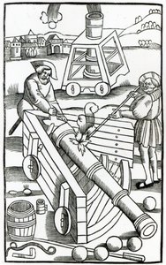 大砲を発射する兵士、フラビウスルナトゥスの「De Re Militari」のイラスト（fl.390）、Christian Wechel、パリ、1532年 作： French School